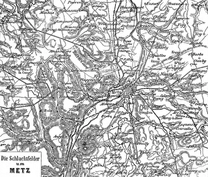 Topographical map of the battlefields around Metz on the Moselle, historical battles of Gravelotte and Saint-Privat-la-Montagne, Sedan, at Amanvillers, siege of Metz, Lorraine, war, conflict, France, historical illustration 1885, Europe