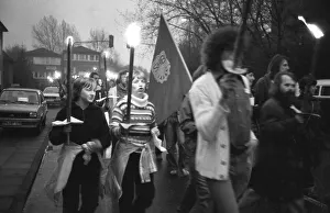 A torchlight procession for disarmament and against nuclear missiles moved to the Ministry of Defence at Hardthoehe