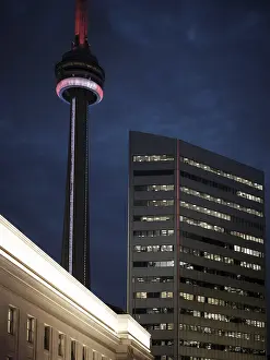 Toronto Canada's famous CN Tower lit up at night in Toronto
