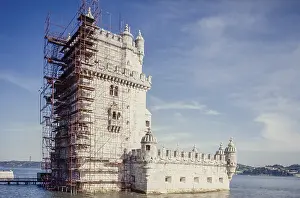 Torre de Belem with scaffolding on the Tagus Lisbon