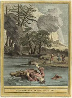The torrent and the river, on a water buffalo a man crosses the river and falls from his mount
