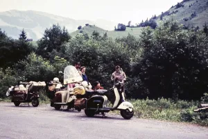 Touring club of British motorbike scooters at Mellau, Vorarlberg, Austria, Europe, 1960, Europe