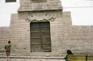 Tourist photographing historic monastery door, Cuzco, Peru, South America 1962, South America