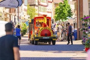 Tourist train travelling through busy city street in the sunshine