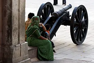 Tourists at cannon near main door of Amer fort known Amber fort in Amber