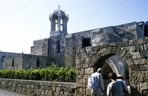 Tourists entering the medieval church of St John the Baptist, Byblos, Lebanon 1998