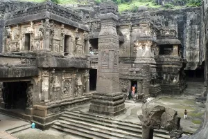 Tourists in Kailash temple at Ellora caves