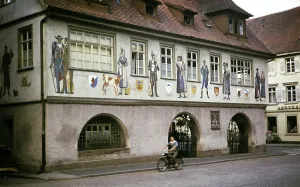 Town hall building decorated with illustrations, Haslach, Haslach im Kinzigtal, Baden-Wuerttemberg, Germany, July 1959, Europe