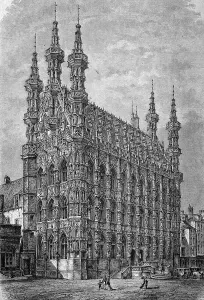 Town Hall of Leuven, Belgium, historic engraving of 1883