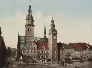 The town hall and the three monuments to Count Otto von Bismarck, Emperor Wilhelm I and Field Marshal von Moltke, Chemnitz, c. 1900, Saxony, Germany, digitally enhanced reproduction from a historical original, public domain, Europe