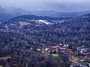 The town of Karpacz (Krummhubel) and the Krkonose Mountains in a cloud