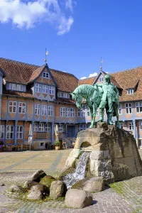 Town market, market square with town hall and monument to Duke August the Younger