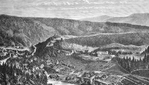 Town view of Schwarzburg on the Schwarza with the castle on the hill, Thuringia, travel, Germany, historical illustration 1885, Europe