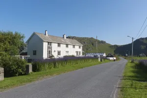 Townscape against an impressive mountain backdrop in the hamlet of Innersand