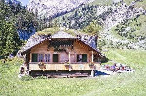 Traditional architecture of the mountain cafe bar wooden building, Swiss Alps, Switzerland, Europe 1963, Europe
