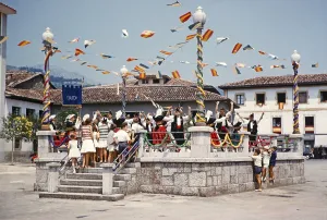 Traditional Asturian folk dance group from Gijon performing in a village, Asturias, northern Spain 1959