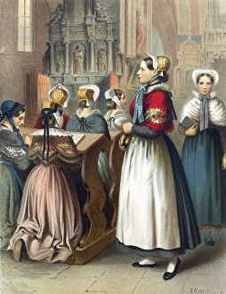 Traditional costumes in Germany around 1820, Province of Hanover, Osnabrueck, woman in traditional traditional costume praying in a church in front of an altar in a devotional atmosphere, digitally retouched reproduction of a model from around 1850