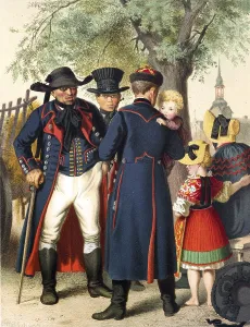 Traditional costumes in Germany around 1820, Province of Pomerania, Weitzacker, men in traditional dress on the street, talking to each other while a man holds a child, digitally retouched reproduction of an original from around 1850