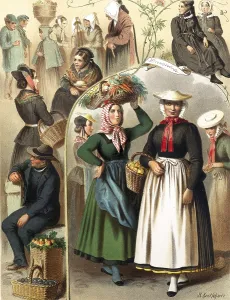 Traditional costumes in Germany around 1820, Province of Hanover, surroundings of Bremen and Hamburg, woman in traditional dresses with baskets at the market, others chatting in the background, digitally retouched reproduction of a model from ca