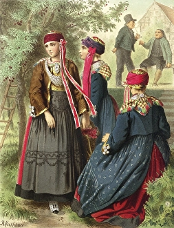Traditional costumes in Germany around 1820, Province of Hanover, Altes Land, woman in traditional dresses and colourful shawls standing in an orchard and chatting, digitally retouched reproduction of a model from around 1850