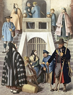Traditional costumes in Germany around 1820, Harz province, people in traditional dress on a staircase near an entrance, various scenes outdoors, digitally retouched reproduction of a model from around 1850, by Albert Kretschmer (27 February 1825)
