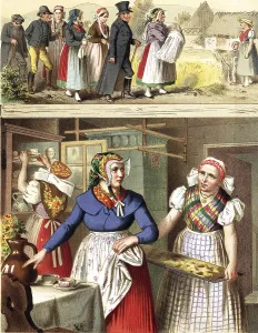 Traditional costumes in Germany around 1820, Province of Silesia, Buchwald, Fischbach, A woman at work in the kitchen while a group of people walk outside, digitally retouched reproduction of a model from around 1850