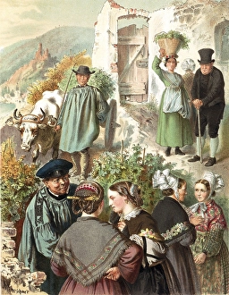 Traditional costumes in Germany around 1820, Province of Prussia, on the Moselle, people in traditional costumes working and interacting with an ox in a picturesque rural setting, digitally retouched reproduction of a model from around 1850