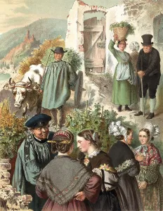 Traditional costumes in Germany around 1820, Province of Prussia, on the Moselle, people in traditional costumes working and interacting with an ox in a picturesque rural setting, digitally retouched reproduction of a model from around 1850