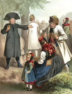 Traditional costumes in Germany around 1820, Province of Chur-Hesse, on the Schwalm, scene with people in traditional traditional costume at an open-air festival, digitally retouched reproduction of a model from around 1850