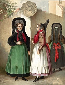Traditional costumes in Germany around 1820, Province of Wuerttemberg, around Rottweil, Three woman in traditional traditional costume in front of a stone wall with elaborate headdresses, digitally retouched reproduction of a model from around 1850