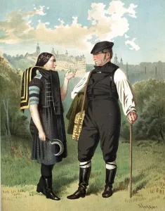 Traditional costumes in Germany around 1820, Altenburg, couple in traditional traditional costume in front of a picturesque landscape, digitally retouched reproduction of a model from around 1850, by Albert Kretschmer (27 February 1825)