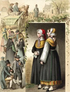 Traditional costumes in Germany around 1820, Mecklenburg, scenes of a village market with people in traditional dress, digitally retouched reproduction of a model from around 1850, by Albert Kretschmer (27 February 1825, 11 July 1891)
