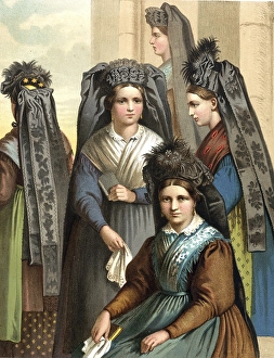 Traditional costumes in Germany around 1820, Thuringia, group of woman in traditional traditional costume with elaborate headdresses, digitally retouched reproduction of a model from around 1850, by Albert Kretschmer (27 February 1825)