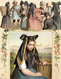 Traditional costumes in Germany around 1820, Province of Thuringia, woman at a farmers market in traditional traditional costume in a village, digitally retouched reproduction of a model from around 1850, by Albert Kretschmer (27 February 1825)