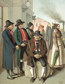 Traditional costumes in Germany around 1820, Bavaria, people in traditional costumes gather in an urban setting with smoke in the background, digitally retouched reproduction of an original from around 1850, by Albert Kretschmer (27 February 1825)