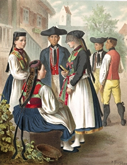 Traditional costumes in Germany around 1820, Wuerttemberg, Betzingen, group of people in traditional dress in front of a house in the village, digitally retouched reproduction of a model from around 1850, by Albert Kretschmer (27 February 1825)
