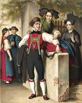 Traditional costumes in Germany around 1820, Baden, Eckartsweier, Altenheim, Dundenheim, Young man leaning against a wall while other people in traditional traditional costume look on, digitally retouched reproduction of a model from around 1850