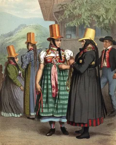 Traditional costumes in Germany around 1820, Baden, Prechtal, group of woman and a man in traditional traditional costume with eye-catching gold hats, digitally retouched reproduction of a model from around 1850