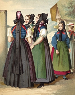 Traditional costumes in Germany around 1820, Baden, Simonswald, Waldkirch, Donaueschingen, woman in traditional traditional costume with headscarves in front of a village building, digitally retouched reproduction of a model from around 1850