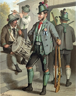 Traditional costumes in Germany around 1820, Austria, Styria, men in traditional traditional costume playing music and holding a rifle, in a traditional setting, digitally retouched reproduction of a model from ca