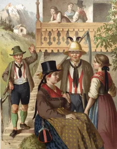 Traditional costumes in Germany around 1820, Austria, Pinzgau, men and woman in traditional traditional costume in front of a mountain backdrop, in conversation, digitally retouched reproduction of a model from around 1850