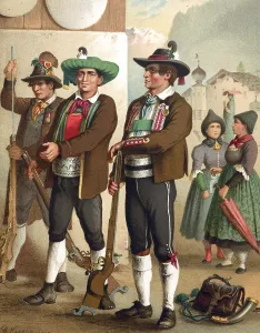Traditional costumes in Germany around 1820, Tyrol, Oetztal, Wipptal, Pustertal, Three men in traditional Tyrolean costumes in front of a mountainous landscape, digitally retouched reproduction of a model from around 1850