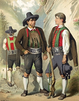 Traditional costumes in Germany around 1820, Tyrol, Passeier Valley, Two men in Tyrolean costumes in conversation in an alpine setting with a third man in the background, digitally retouched reproduction of a model from around 1850