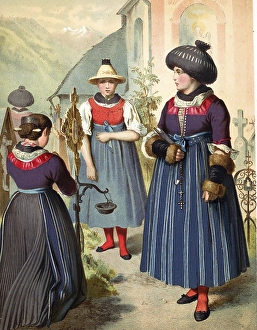 Traditional costumes in Germany around 1820, Tyrol, Passeier Valley, Three woman in traditional costumes in front of a church in a rural setting, digitally retouched reproduction of a model from around 1850, by Albert Kretschmer (27 February 1825)