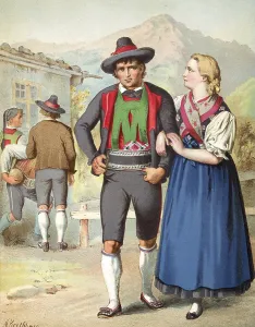 Traditional costumes in Germany around 1820, Tyrol, Merano, A couple in Tyrolean costumes strolls through a rural scene, digitally retouched reproduction of a model from around 1850, by Albert Kretschmer (27 February 1825, 11 July 1891)