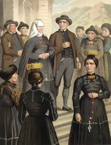 Traditional costumes in Germany around 1820, Vorarlberg, Bregenzerwald, people in traditional costumes at a religious ceremony in front of a church, digitally retouched reproduction of a model from around 1850