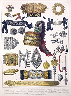 Traditional costumes in Germany around 1820, Bridal crowns and traditional costume jewellery, Various magnificent crowns and tiaras with elaborate decorations in gold and silver, digitally retouched reproduction of a model from around 1850