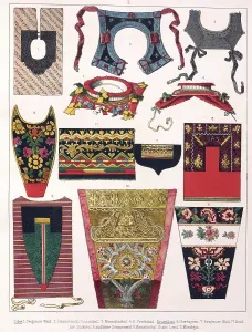 Traditional costumes in Germany around 1820, various gollers and bibs