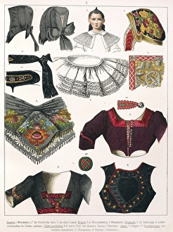 Traditional costumes in Germany around 1820, various clothing details, traditional garments with embroidery and collars from various regions, digitally retouched reproduction of a model from around 1850, by Albert Kretschmer (27 February 1825)