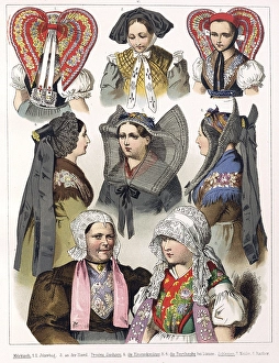 Traditional costumes in Germany around 1820, woman's headdresses, woman with traditional headdresses and bonnets in regional costumes, digitally retouched reproduction of a model from around 1850, by Albert Kretschmer (27 February 1825)